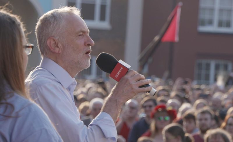 Labour Party Leader Jeremy Corbyn speaking to a crowd at a rally