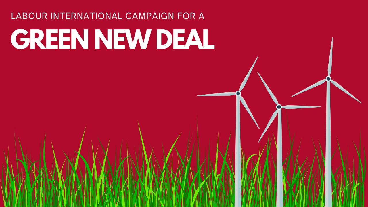 Labour International Campaign for a Green New Deal - Red banner with grass and wind turbines 